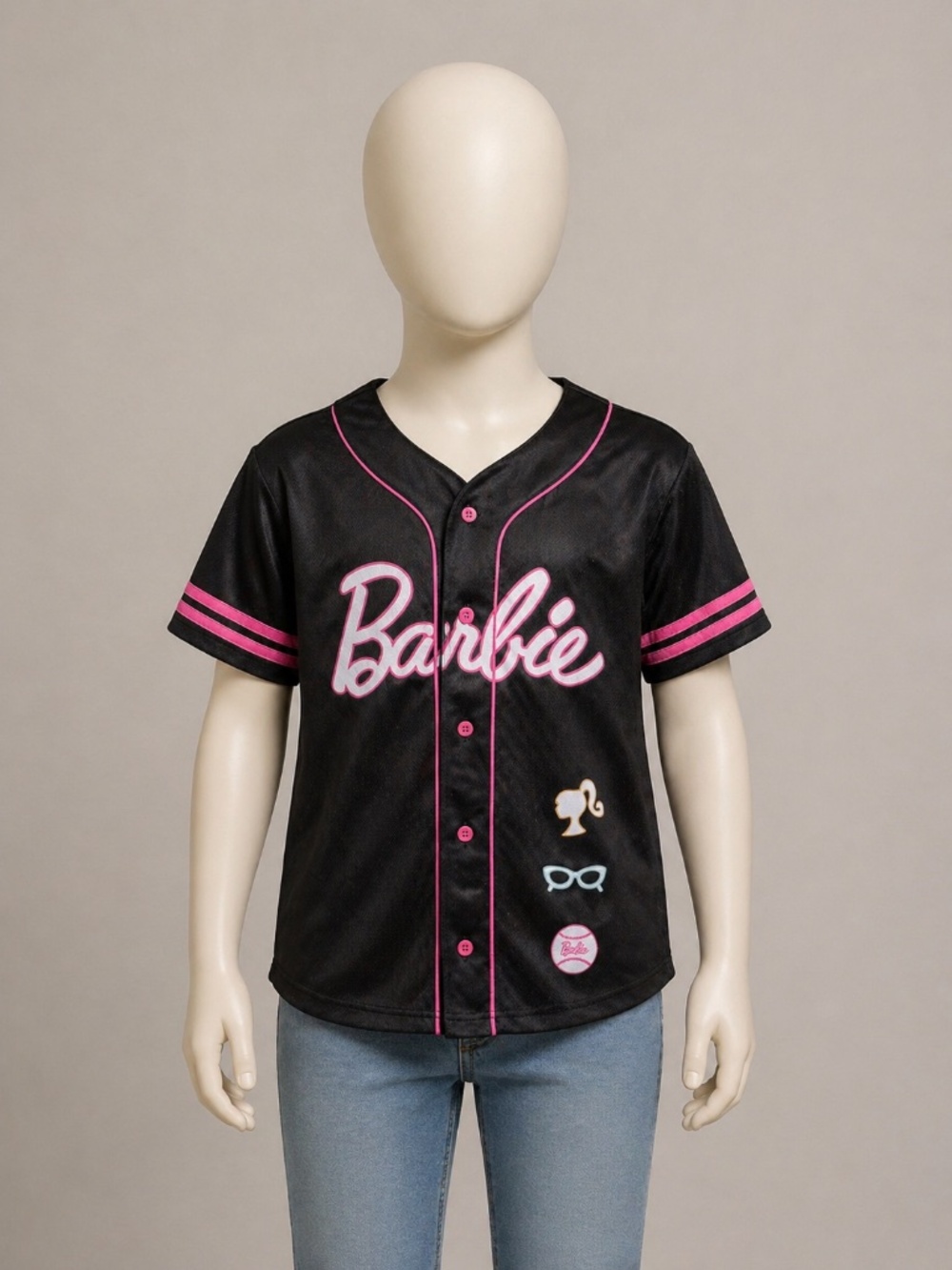 Barbie Baseball Jersey 💕 Youth Size 12 Black Pink Button Front Top